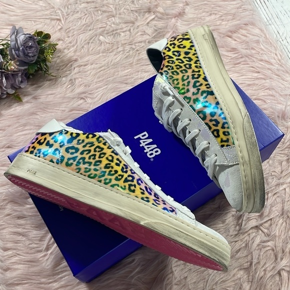 NWT P448 Jack Leopard Print Hologram Low Top Sneakers - Picture 2 of 10